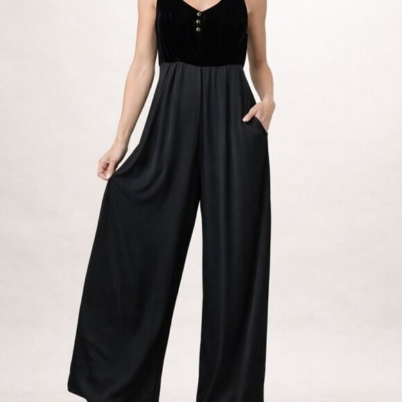 Jeffrey & Dara Pants - Vintage Y2K Jeffrey & Dara Black Velvet Bodice Wide Leg Jumpsuit Medium M